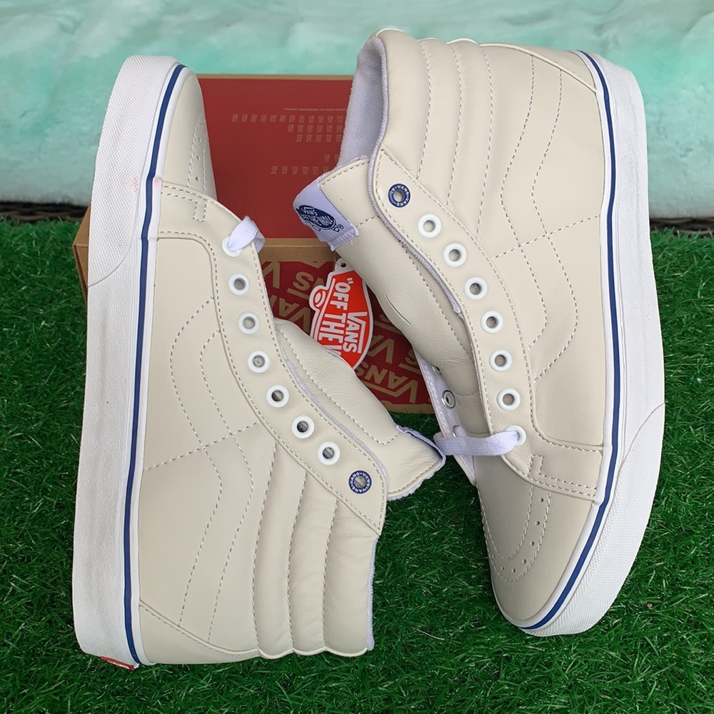Vans Cream High-Top Sneakers with Blue Trim
